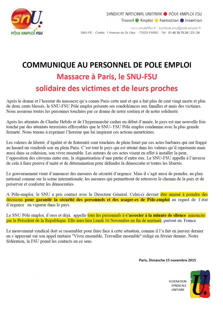 Communiqué SNU Attentats à PARIS